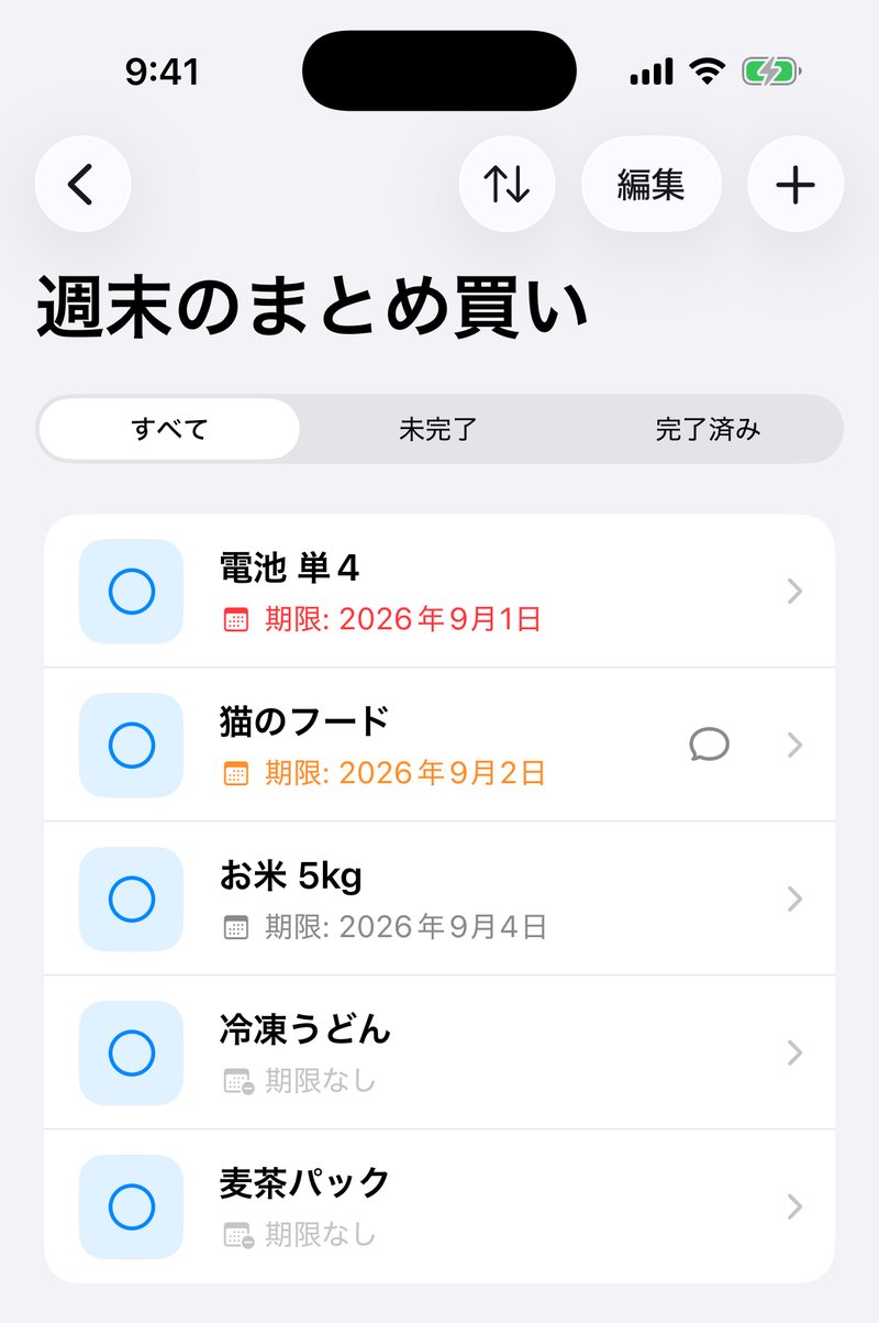 期限つきの品物が並んだリスト。期限切れは赤、当日はオレンジ、先の日付はグレーで表示されている